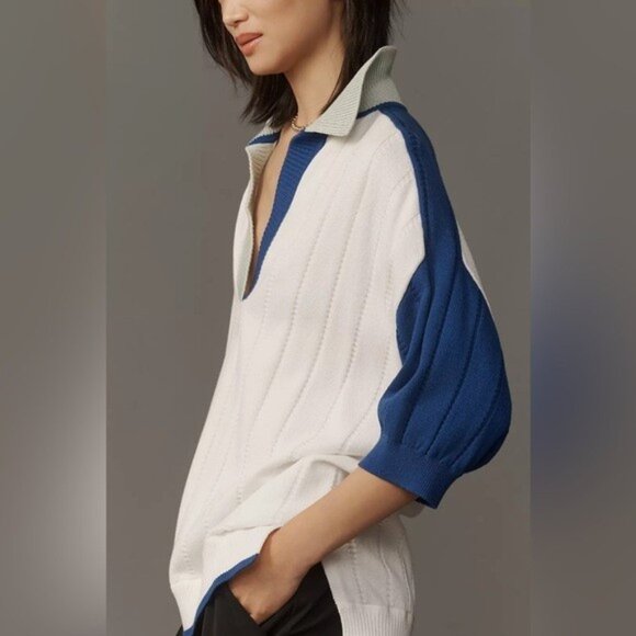 NWT Size S (P2P 26") -Maeve Collared Cotton Rugby Sweater White (NWT US$ 128) - Picture 2 of 16